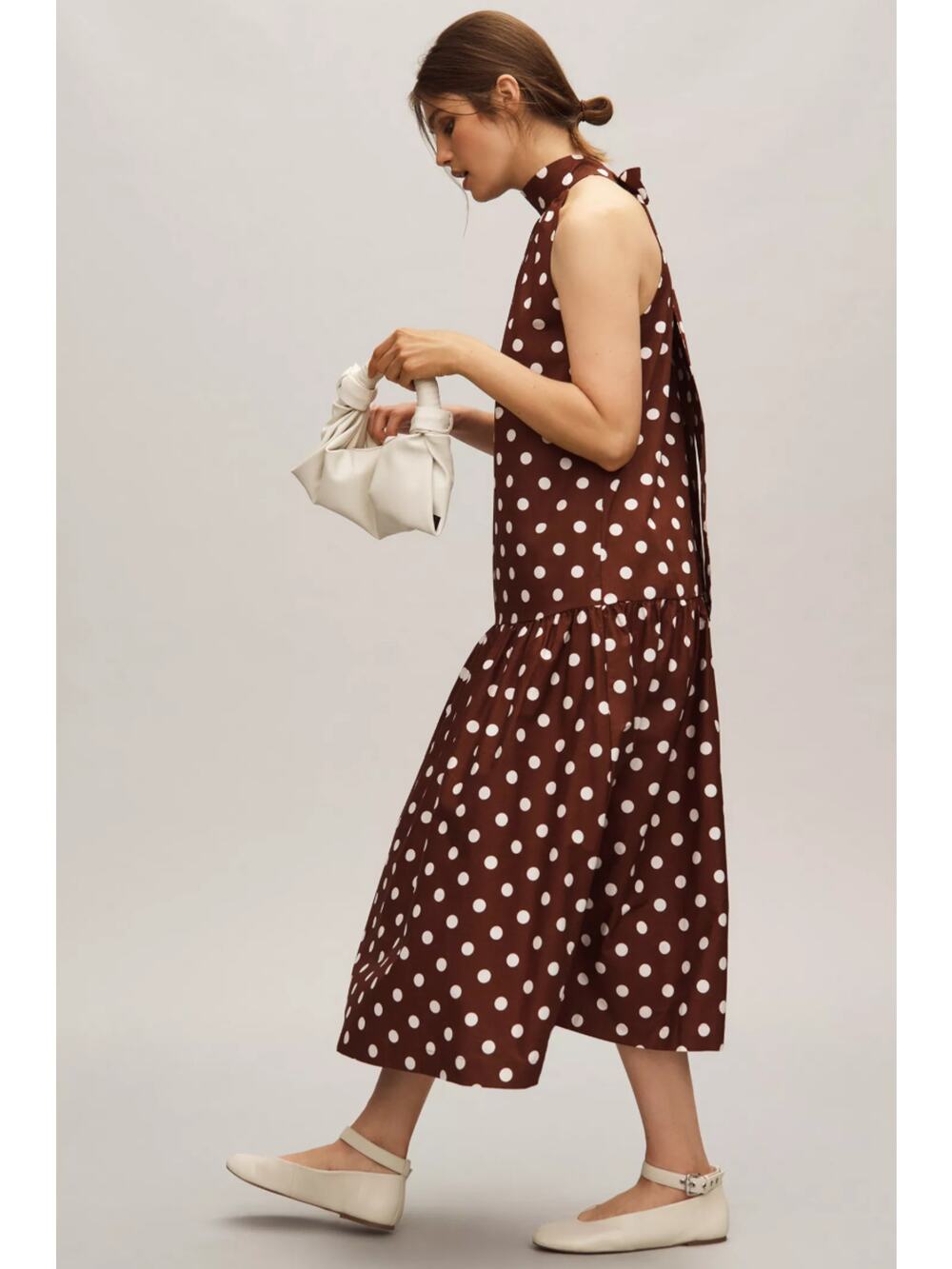 Anthropologie MAEVE Halter Drop Waist Midi Dress Polka Dot Brown Size M NWT $158